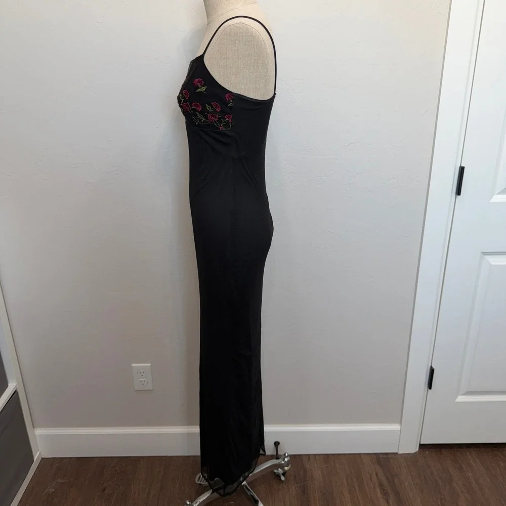 Vintage Monster Girl Medium Maxi Dress Black Rose Floral Mesh Overlay 90s Goth